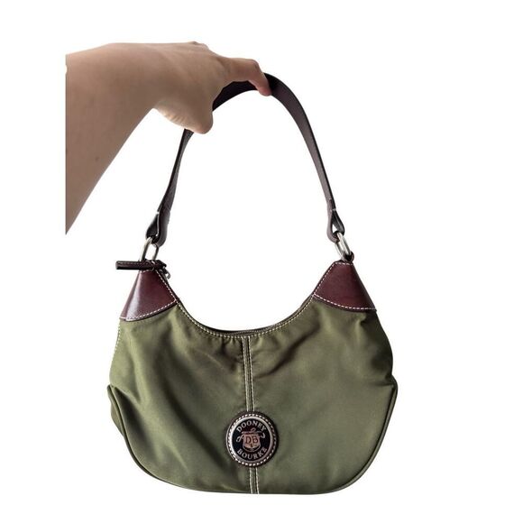 Dooney & Bourke Nylon Army Green Hobo Brown Leather Strap Shoulder Bag - Picture 1 of 9
